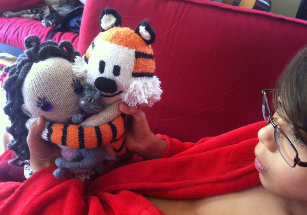 pixie knitted doll, cat, and hobbes tiger