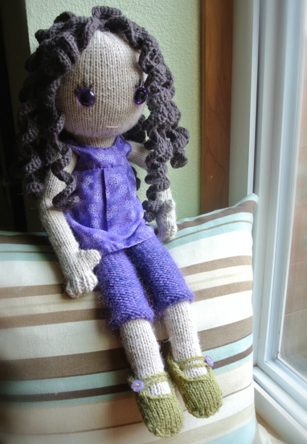 pixie knitted doll with sundress, capri pants and mary jane shoes image