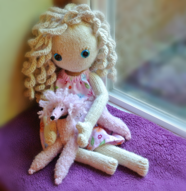 pixie knitted doll and knitted pink poodle